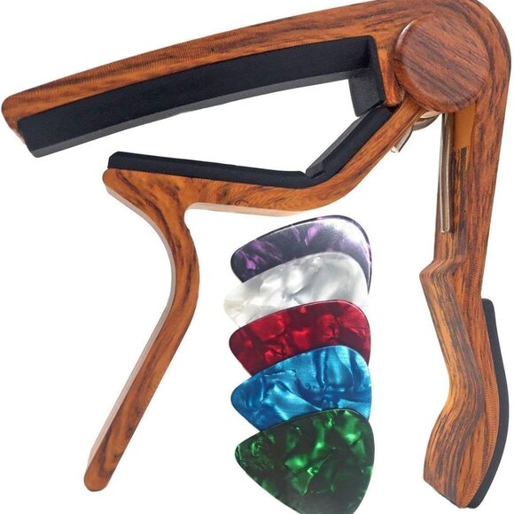 Guitar Capo for Acoustic and Electric Guitars - Rosewood Color with 5 Picks - Picture 1 of 8